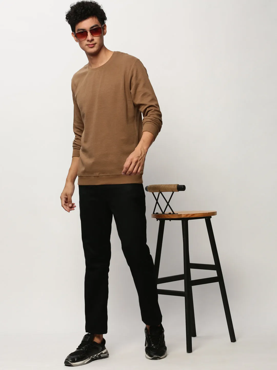 Men Brown Solid Casual Sweatshirts