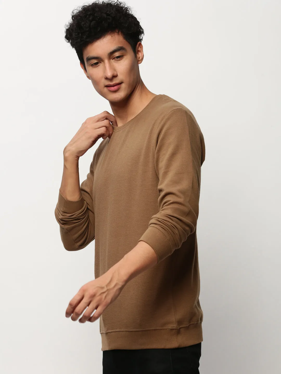 Men Brown Solid Casual Sweatshirts