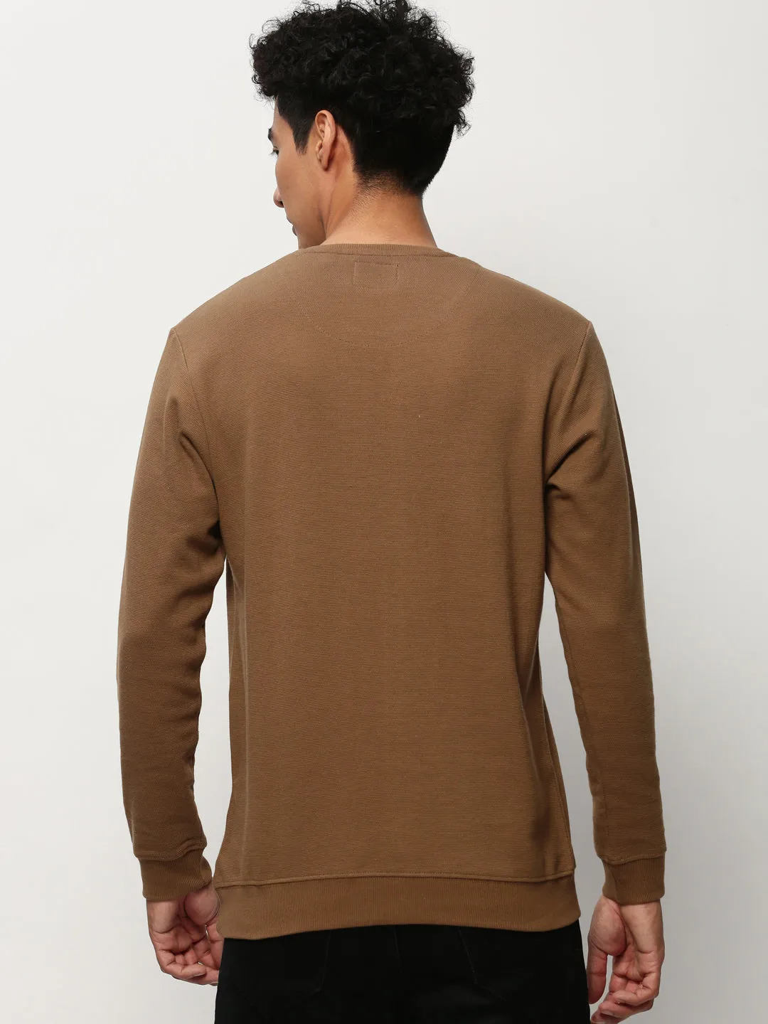 Men Brown Solid Casual Sweatshirts