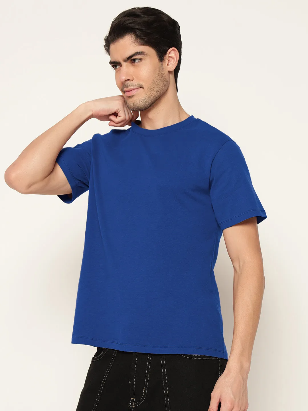 Men Royal Blue Solid Round Neck Pure Cotton T-Shirt