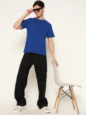 Men Royal Blue Solid Round Neck Pure Cotton T-Shirt