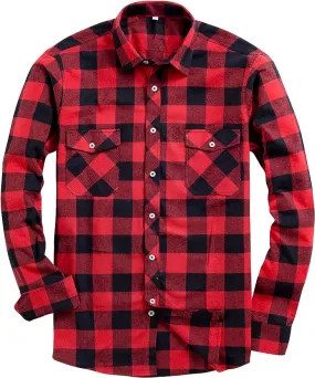 Men's Button Down Regular Fit Long Sleeve Plaid Flannel Casual Shirts Black/Red