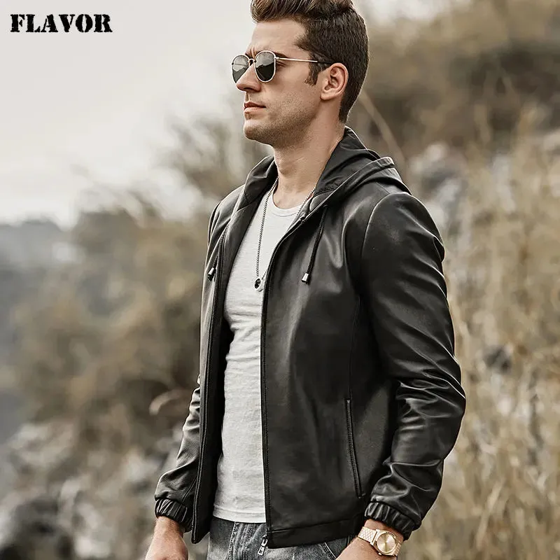 Men's Genuine Leather Jacket with Hood