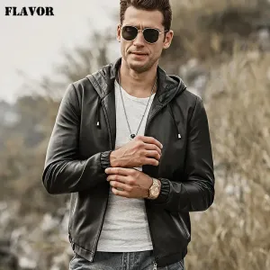 Men's Genuine Leather Jacket with Hood