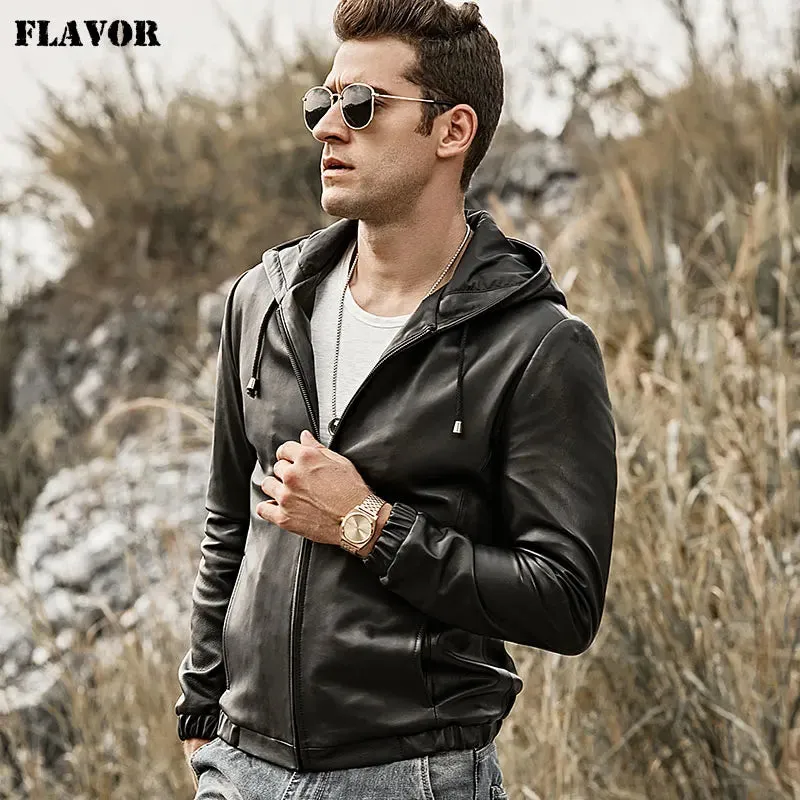 Men's Genuine Leather Jacket with Hood