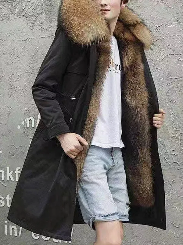 Men's Hooded Longline Faux Fur Parka Jacket Coat