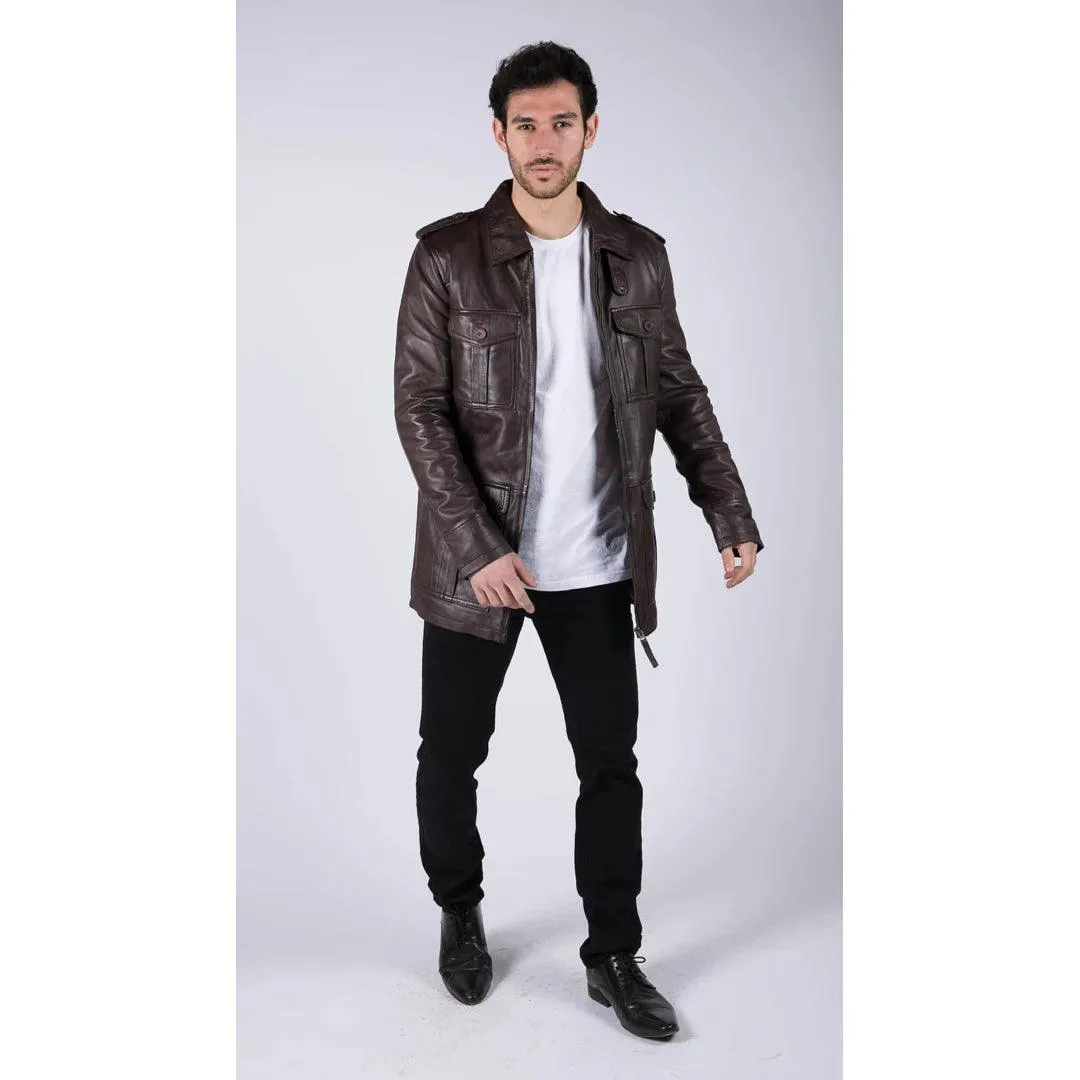 Mens Real Leather Safari Parka Coat Black Brown Tailored Fit Casual Jacket