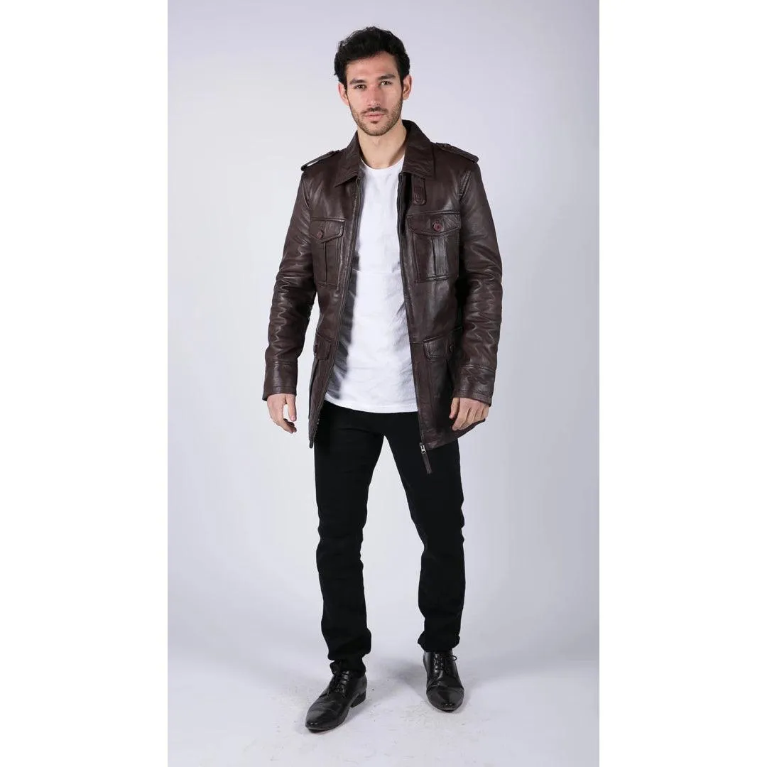 Mens Real Leather Safari Parka Coat Black Brown Tailored Fit Casual Jacket