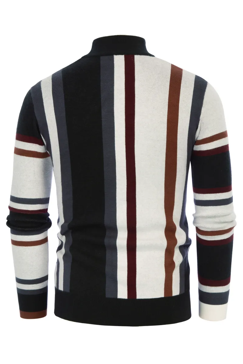 Mens Vintage Stripes Pullover Stand Collar Mockneck Jumper Sweater