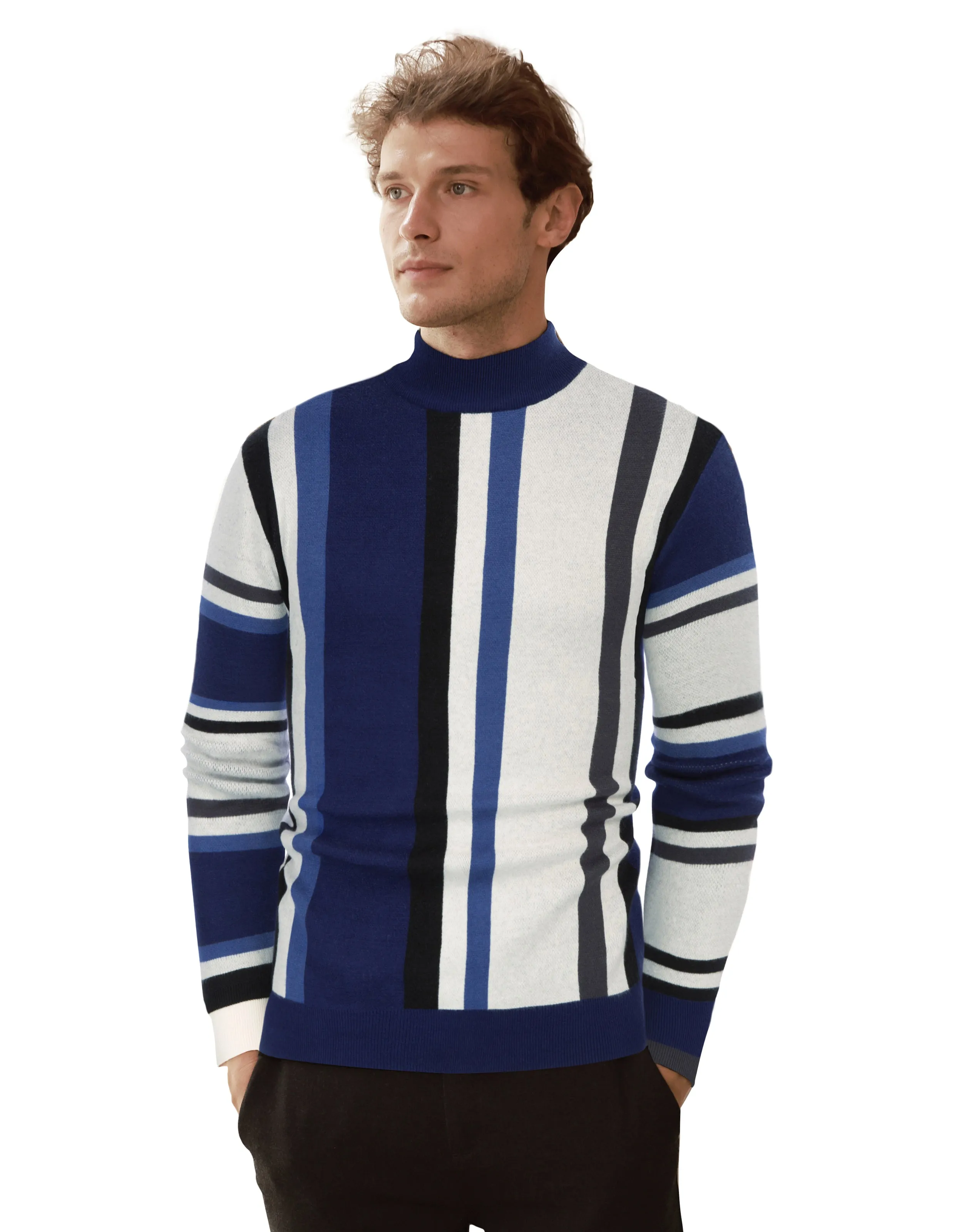 Mens Vintage Stripes Pullover Stand Collar Mockneck Jumper Sweater