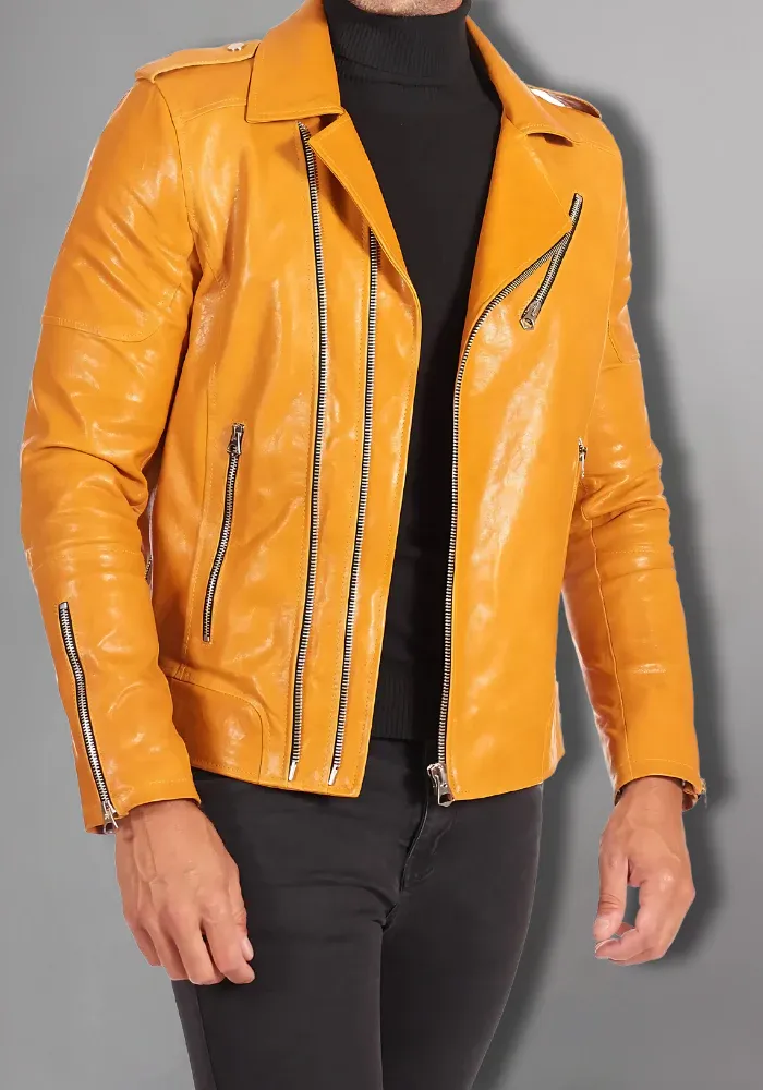 Men's Yellow Motorcycle Vintage Retro Cafe Racer Genuine Leather Jacket