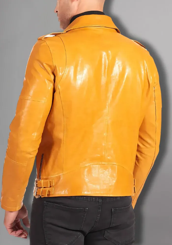 Men's Yellow Motorcycle Vintage Retro Cafe Racer Genuine Leather Jacket