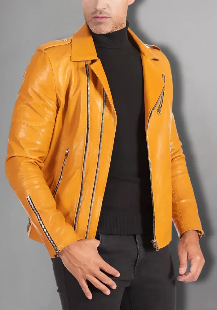 Men's Yellow Motorcycle Vintage Retro Cafe Racer Genuine Leather Jacket