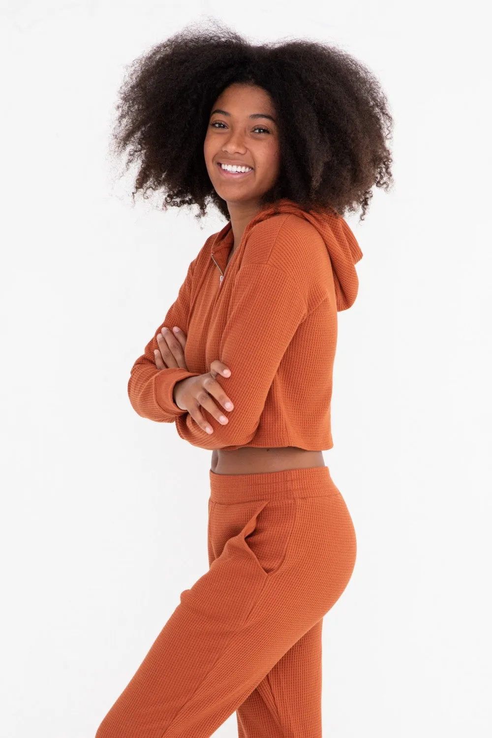 Mono B Waffle Knit Half Zip Crop Hoodie - Cinnamon