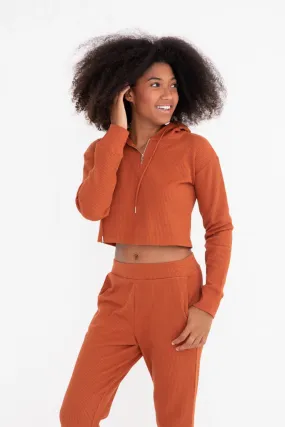 Mono B Waffle Knit Half Zip Crop Hoodie - Cinnamon