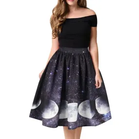 Moon Print High Waist Midi Knee Length Skirts