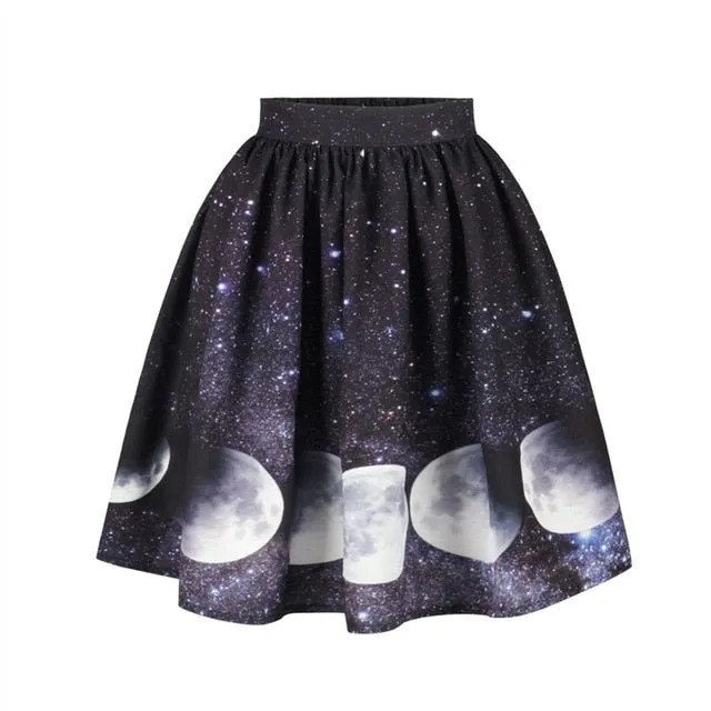 Moon Print High Waist Midi Knee Length Skirts