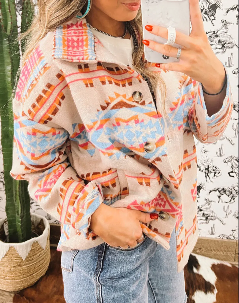 Multicolor Western Aztec Buttoned Jacket