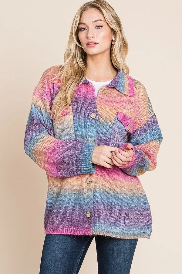 Multicolored knit sweater button down shacket with front pocket