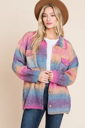 Multicolored knit sweater button down shacket with front pocket