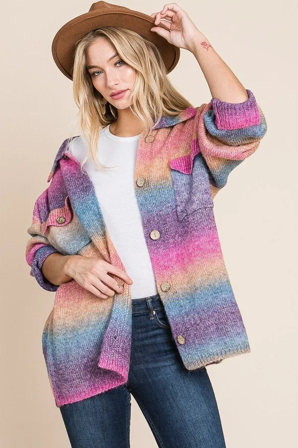 Multicolored knit sweater button down shacket with front pocket