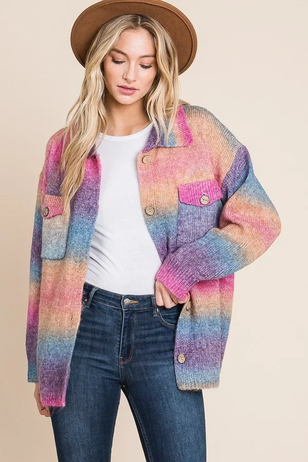 Multicolored knit sweater button down shacket with front pocket