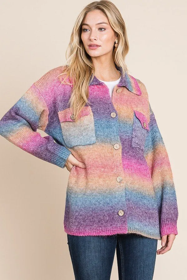 Multicolored knit sweater button down shacket with front pocket