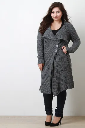 Open Knit Collared Longline Sweater Coat