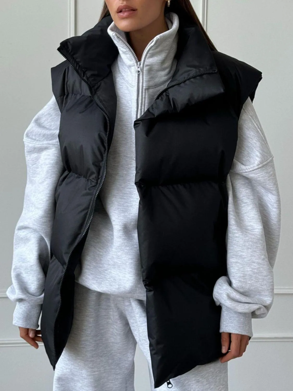 Padded Vest Coat Zip Up Turtleneck Sleeveless Outwear