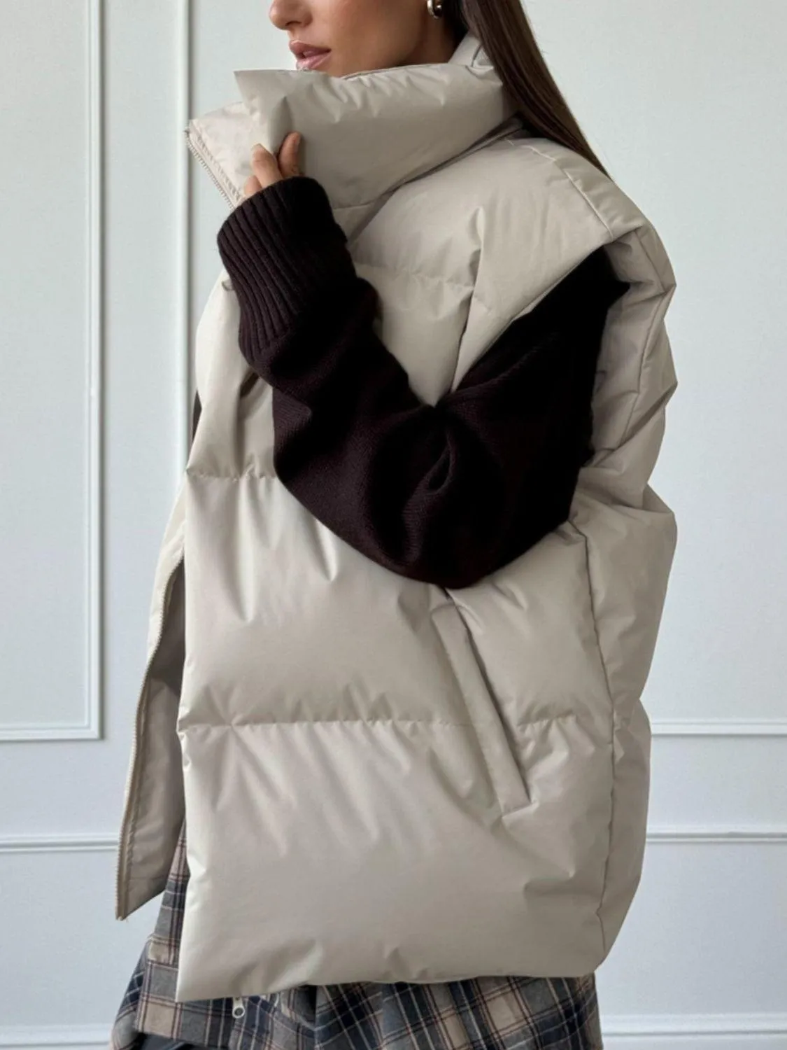 Padded Vest Coat Zip Up Turtleneck Sleeveless Outwear