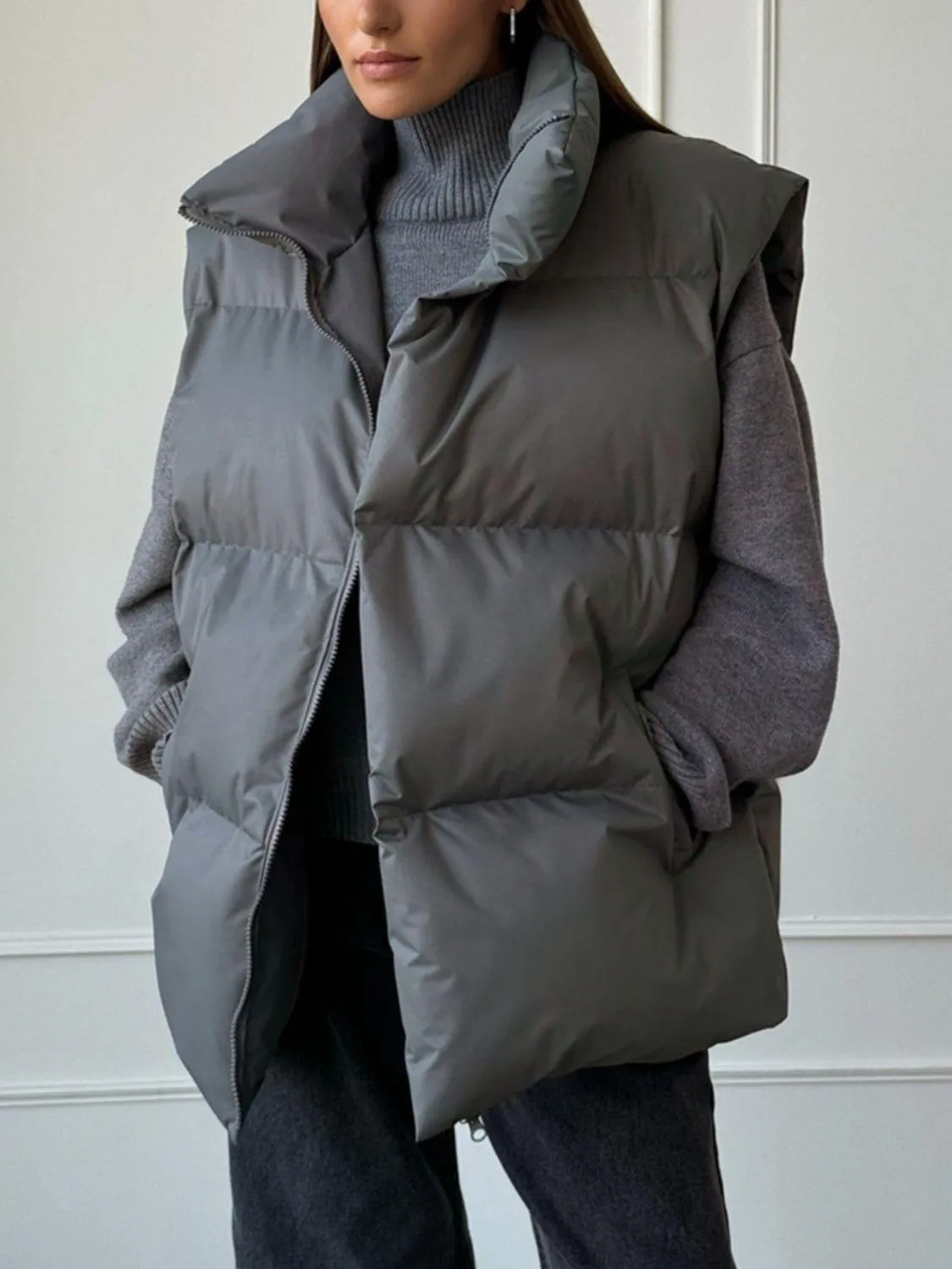 Padded Vest Coat Zip Up Turtleneck Sleeveless Outwear