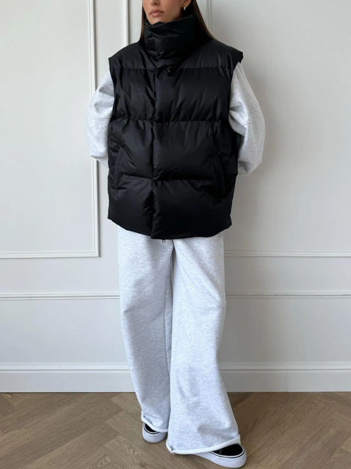 Padded Vest Coat Zip Up Turtleneck Sleeveless Outwear