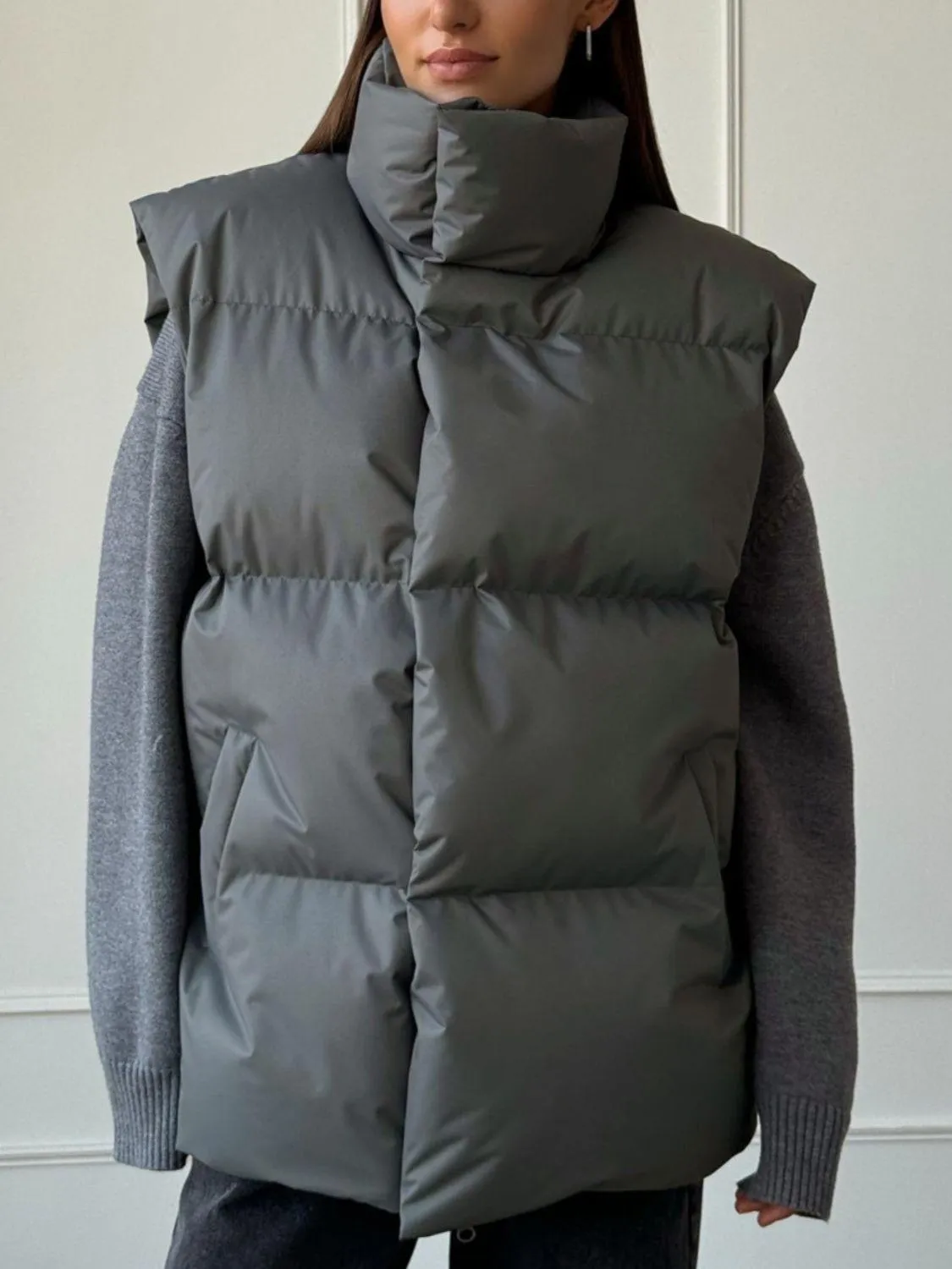 Padded Vest Coat Zip Up Turtleneck Sleeveless Outwear