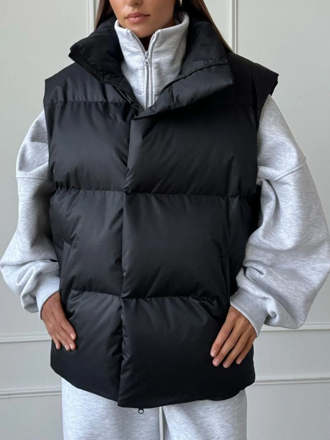 Padded Vest Coat Zip Up Turtleneck Sleeveless Outwear