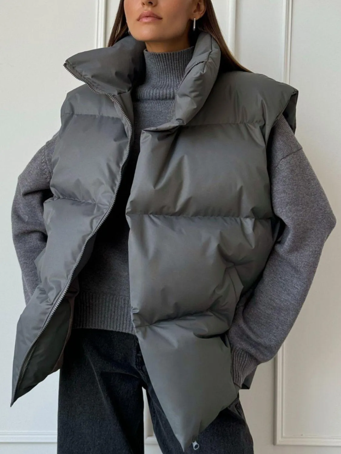 Padded Vest Coat Zip Up Turtleneck Sleeveless Outwear