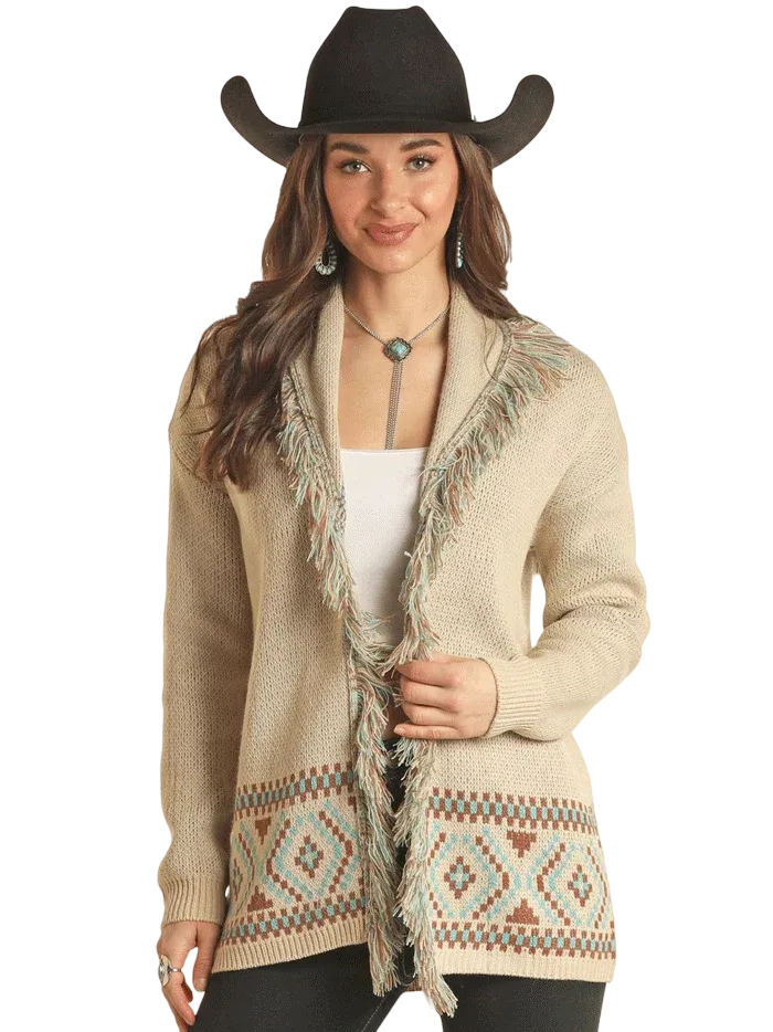 Panhandle Slim Women's With Border And Fringe Tan Sweater