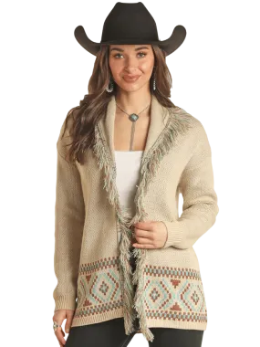 Panhandle Slim Women's With Border And Fringe Tan Sweater