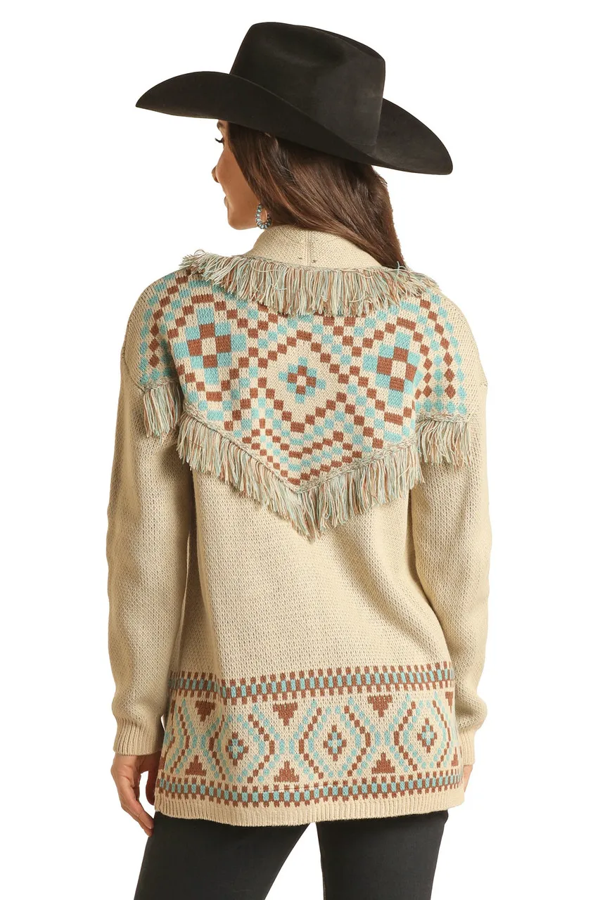 Panhandle Slim Women's With Border And Fringe Tan Sweater