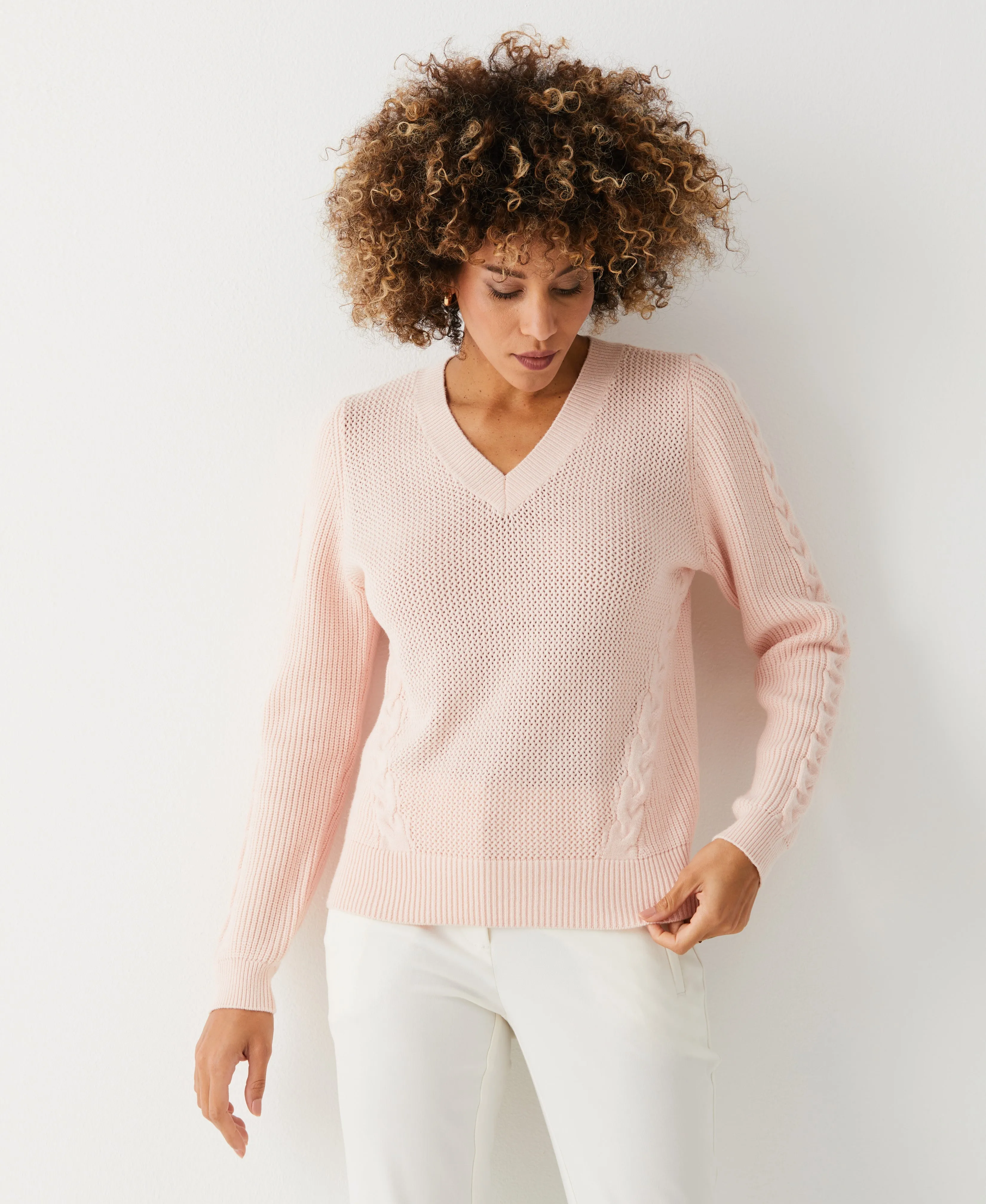 Petite Cable Knit V-Neck Sweater