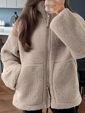 Plush Jacket Women Zip Up Turtleneck Long Sleeve Collared Warm Coat