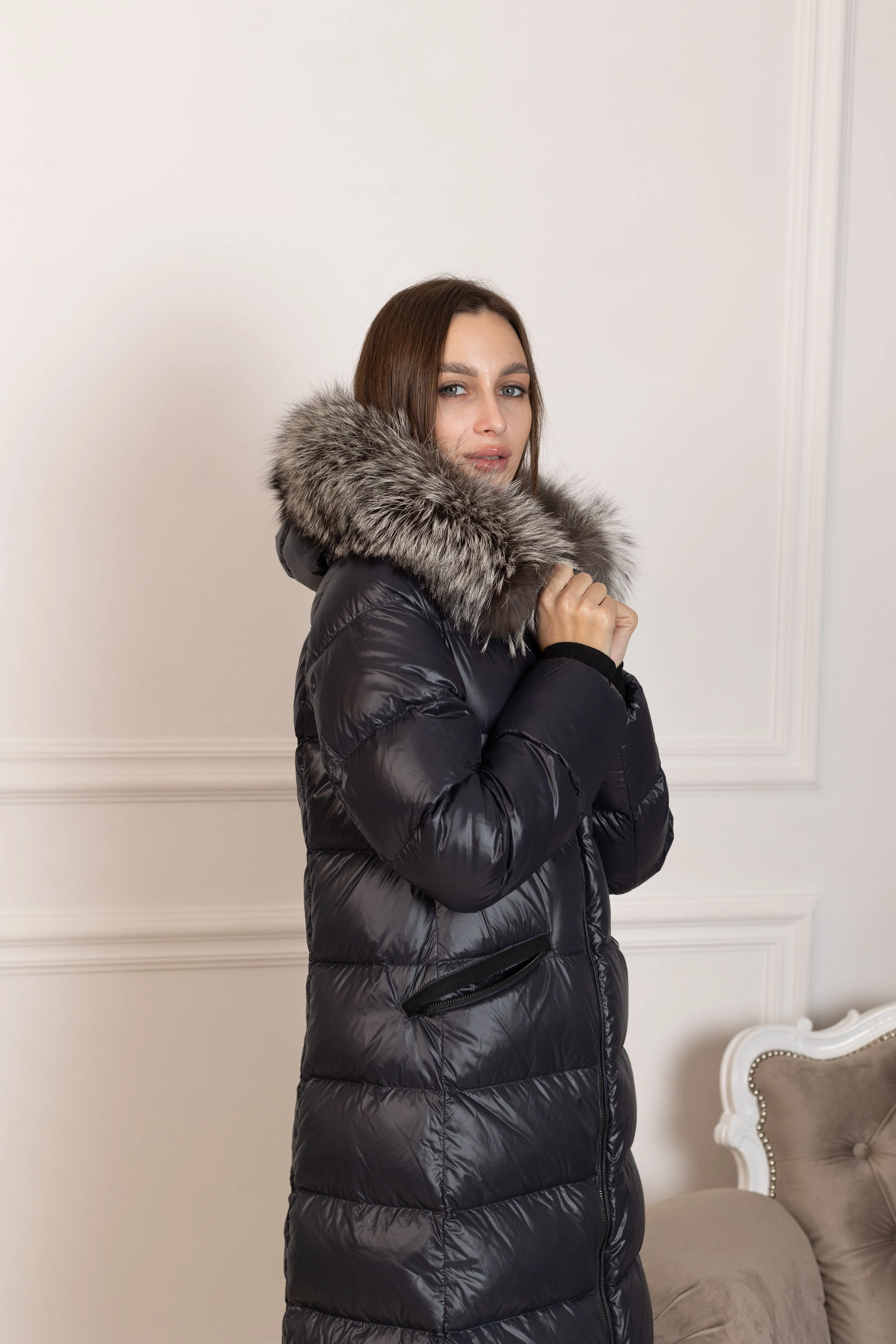 Pre-order. Ships November 16. Genuine Silver Fox Fur Trim Down Fill Coat