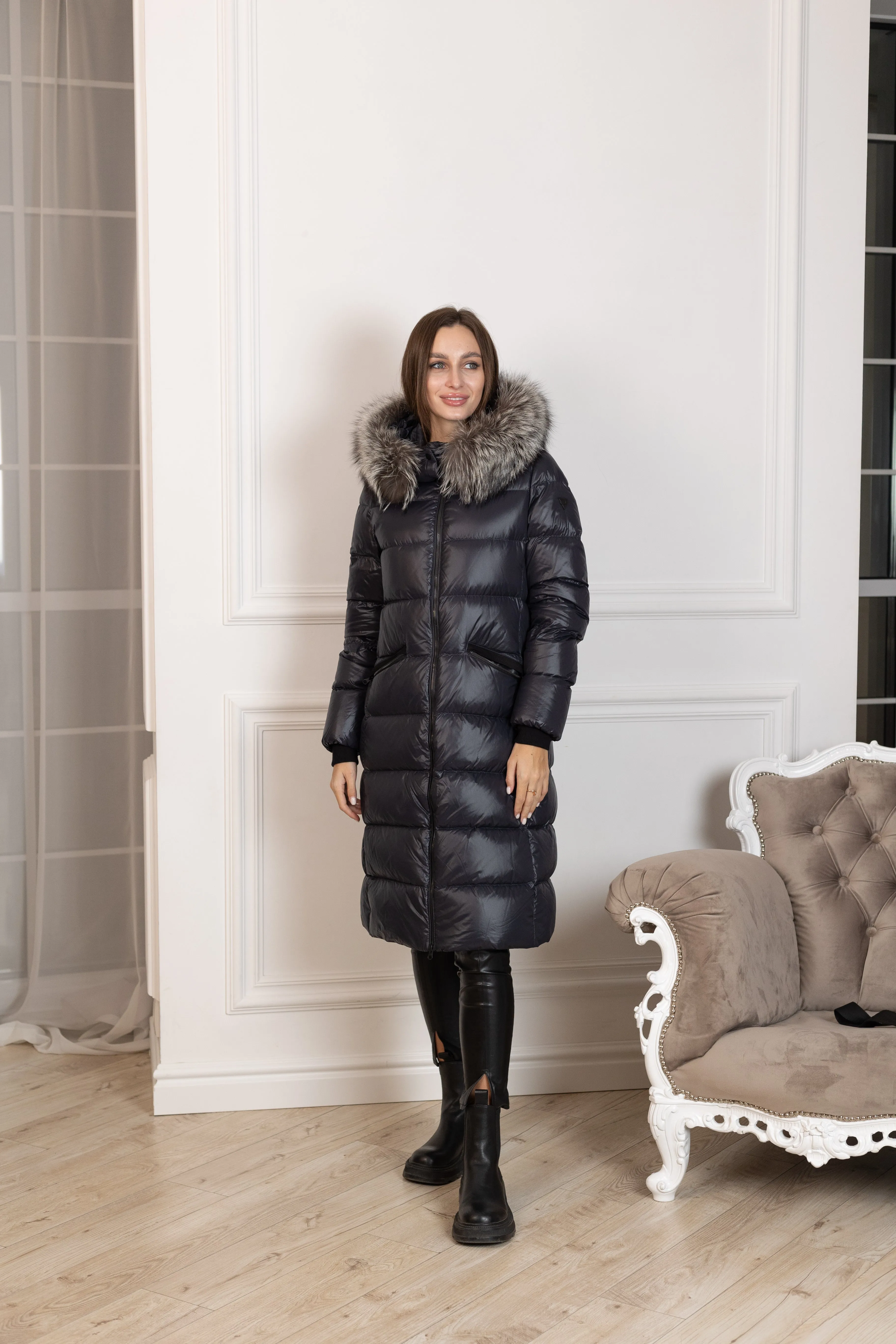 Pre-order. Ships November 16. Genuine Silver Fox Fur Trim Down Fill Coat