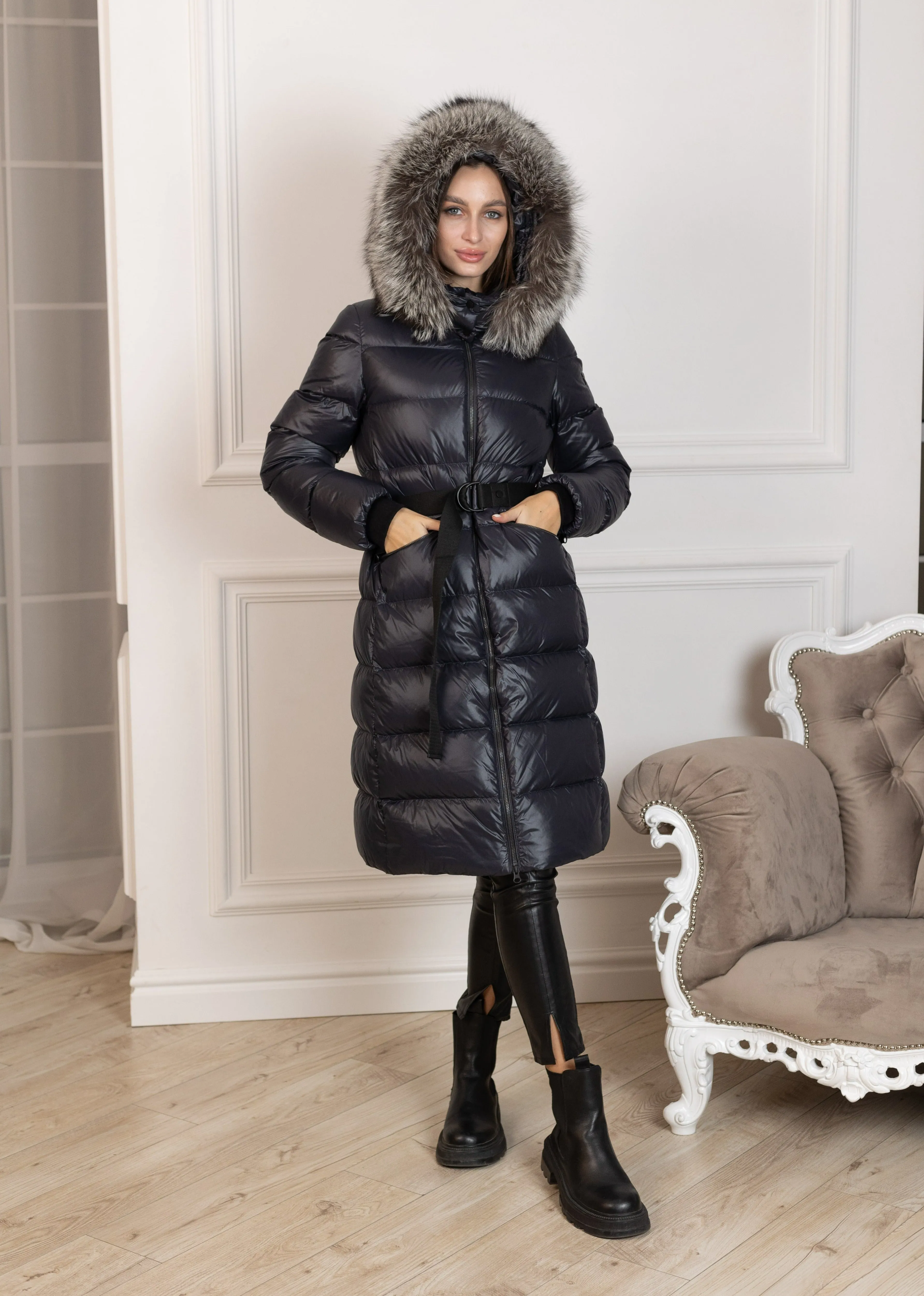 Pre-order. Ships November 16. Genuine Silver Fox Fur Trim Down Fill Coat