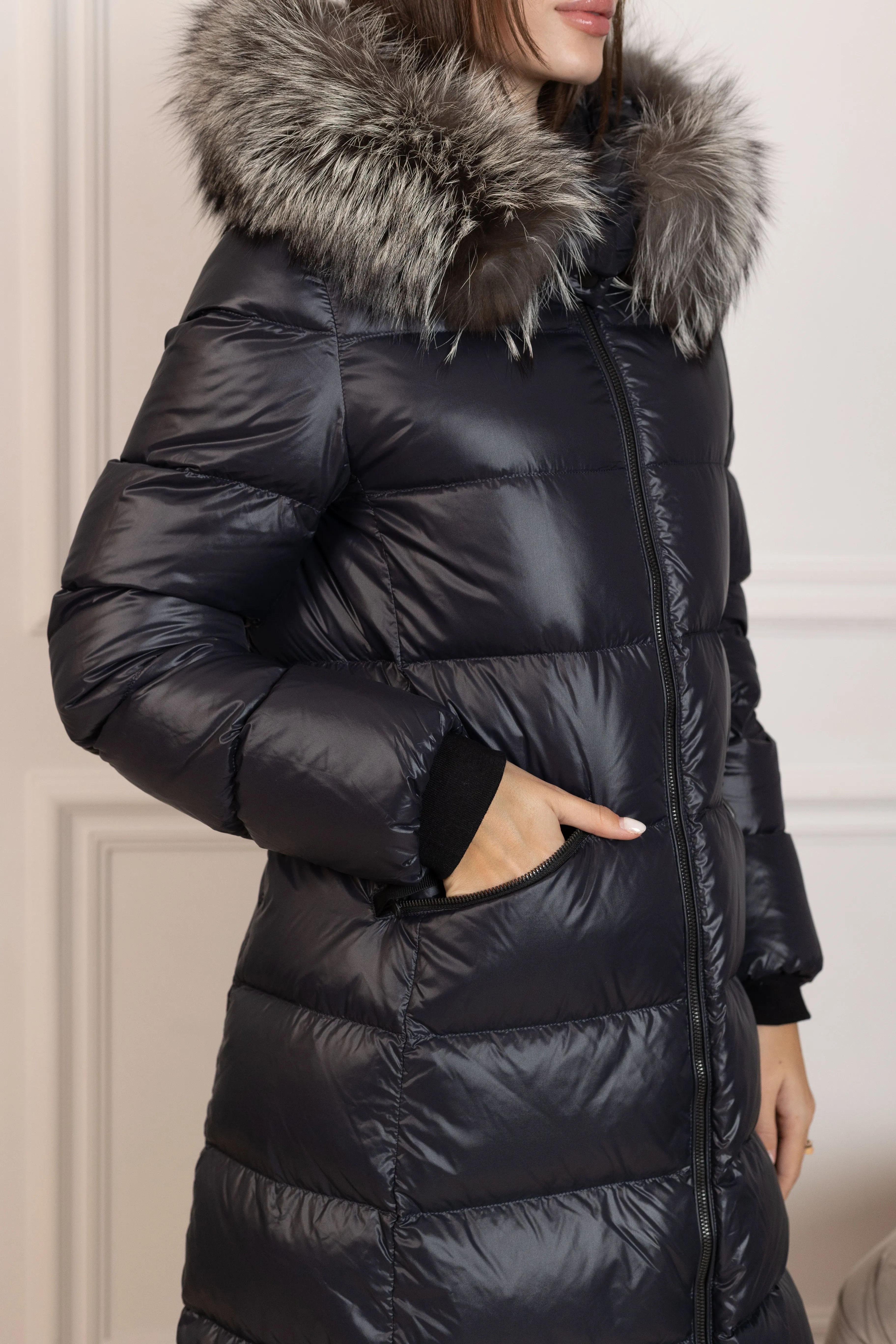 Pre-order. Ships November 16. Genuine Silver Fox Fur Trim Down Fill Coat