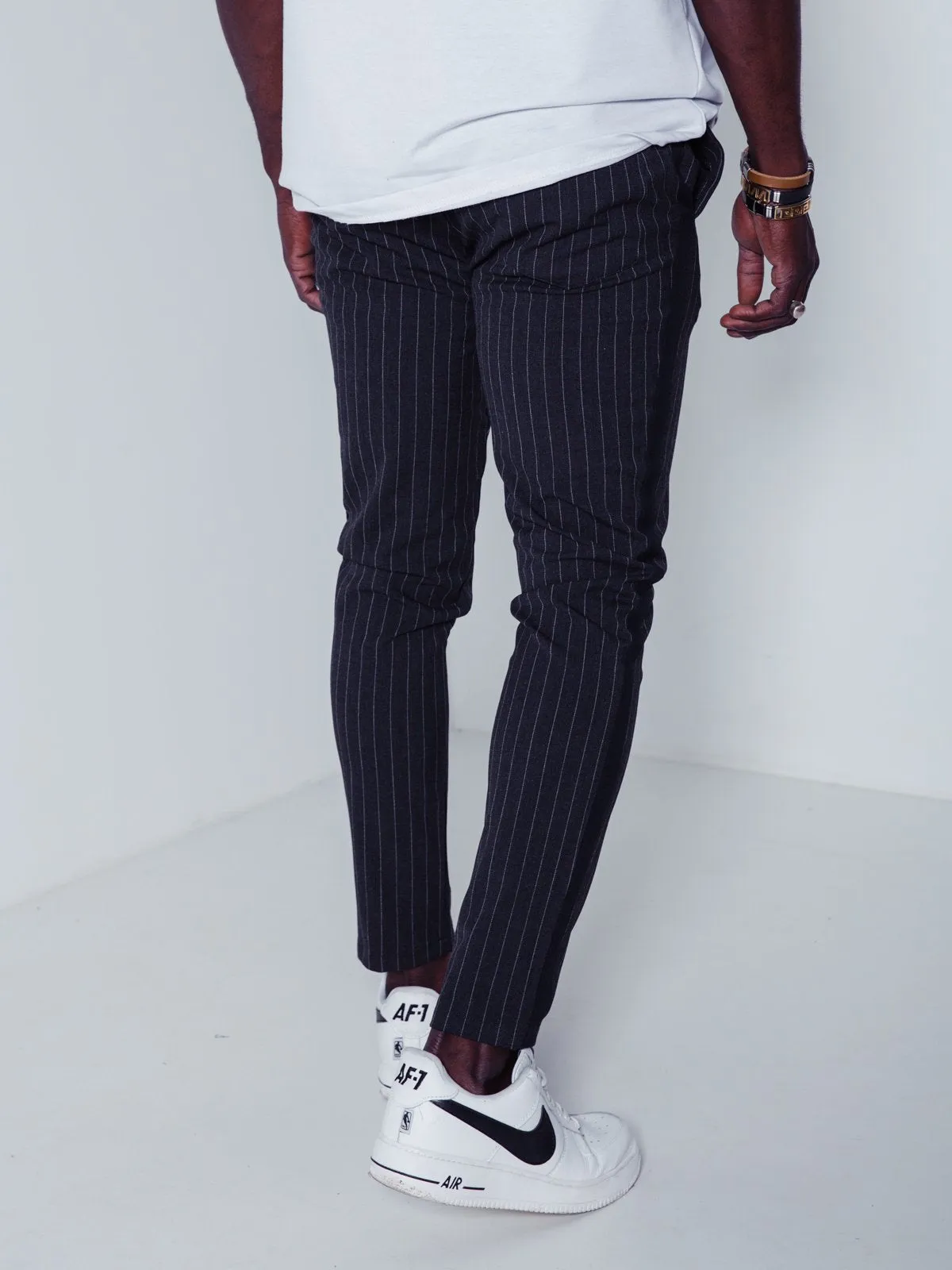 Premium Striped Ankle Pants - Charcoal