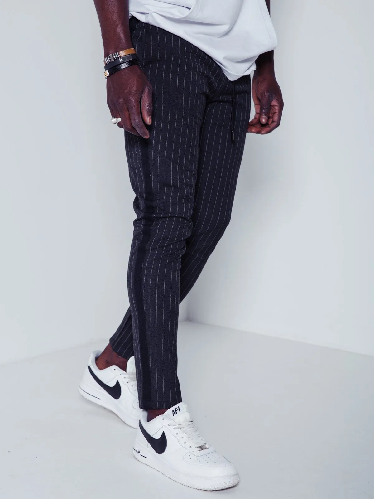 Premium Striped Ankle Pants - Charcoal