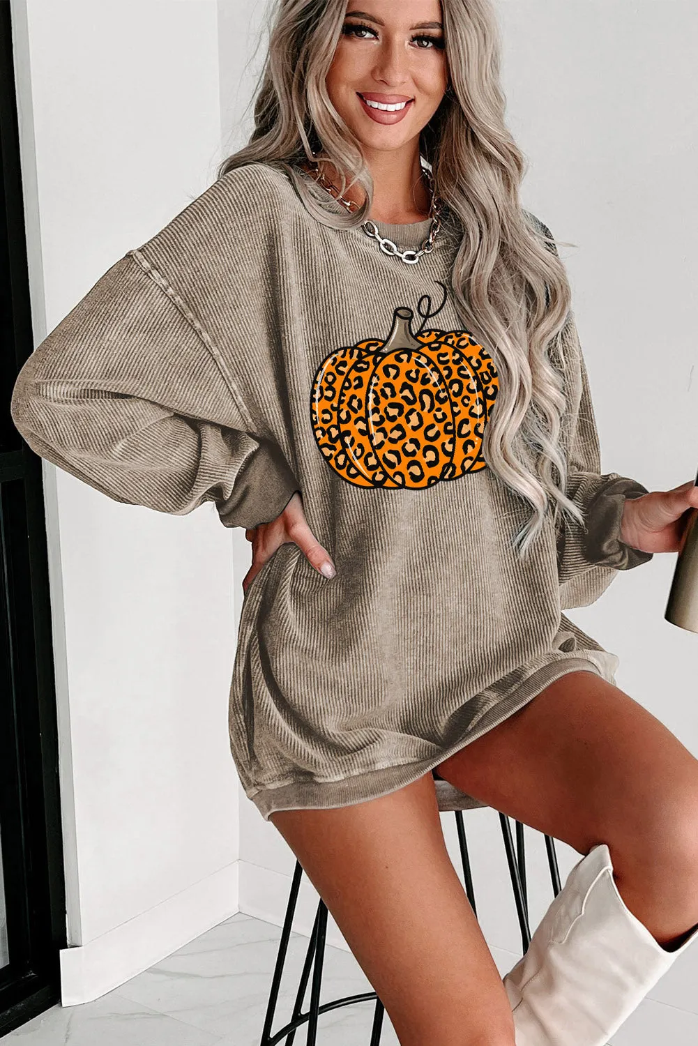 Pumpkin Orange Leopard Graphic Corduroy Sweatshirt