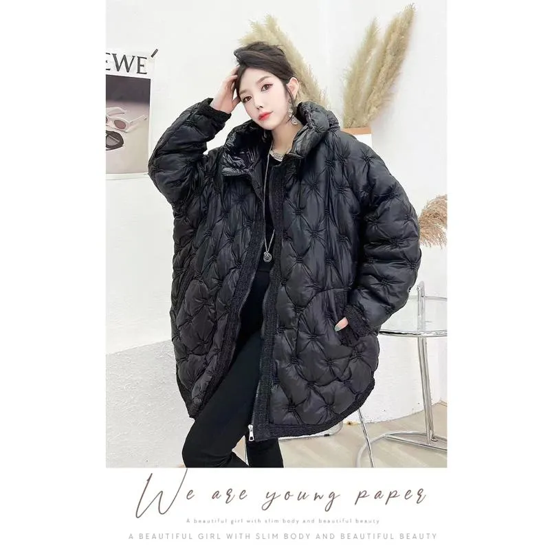 Quilted Loose Fit Thigh-Length Embroidery Thickened Puffer Jacket