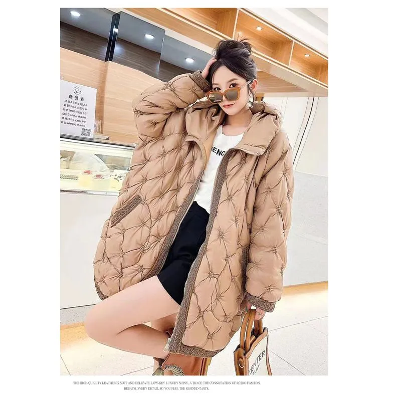 Quilted Loose Fit Thigh-Length Embroidery Thickened Puffer Jacket