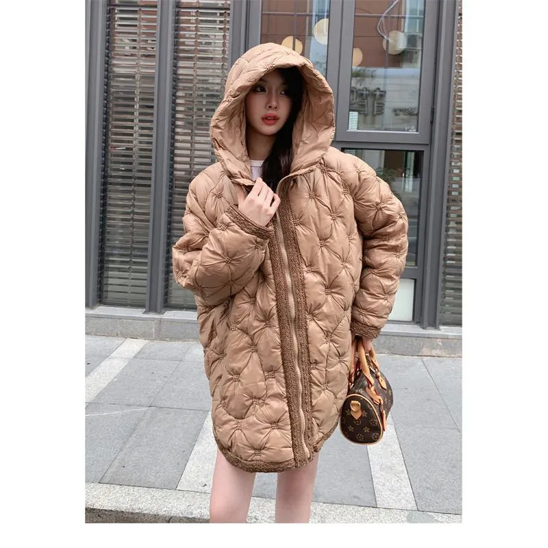 Quilted Loose Fit Thigh-Length Embroidery Thickened Puffer Jacket